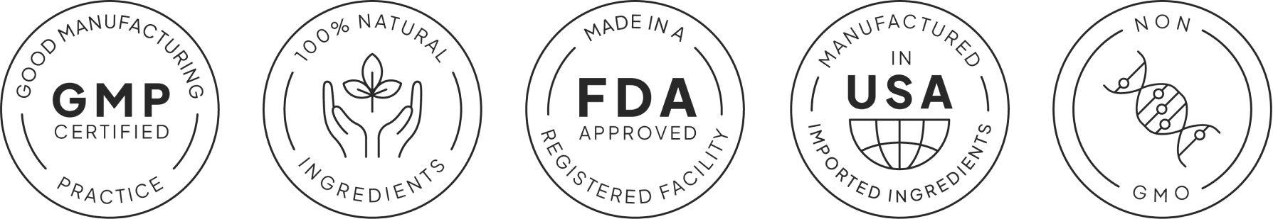 GMP, 100% Natural, FDA Registered, Made in USA, Non-GMO Badges